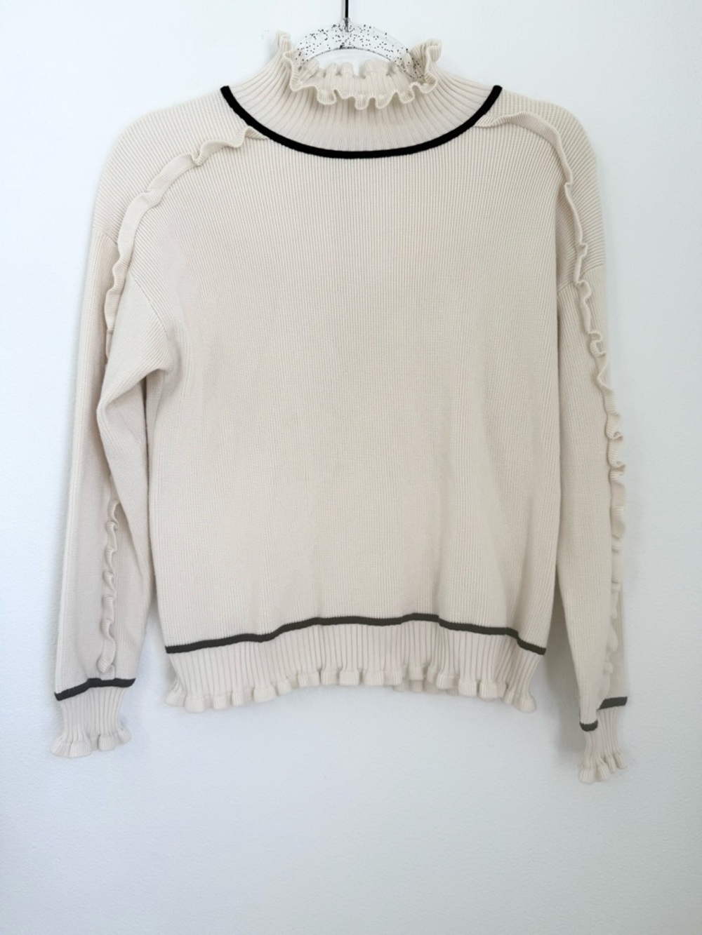 Adrianna Papell Tipped Turtleneck Cream Black Ruffle Feminine Sweater Size S
